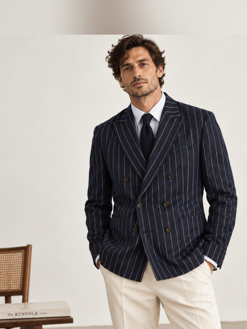 Octobre Editions Men's Double Breasted Pinstripe Blazer Cotton Linen